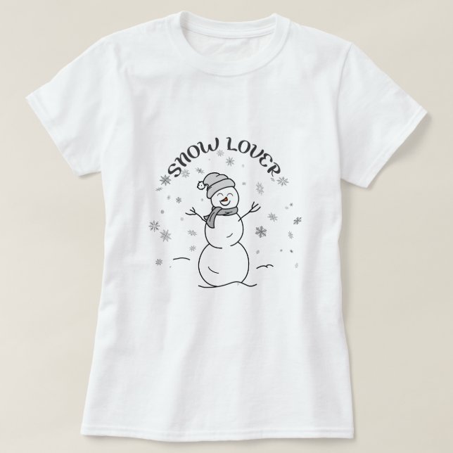 Camiseta SNOW LOVER Text with Cute Snowman Fun White        (Frente do Design)