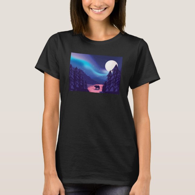 Camiseta Snow Scene Polar Bear Silhouette w Moon and Aurora (Frente)