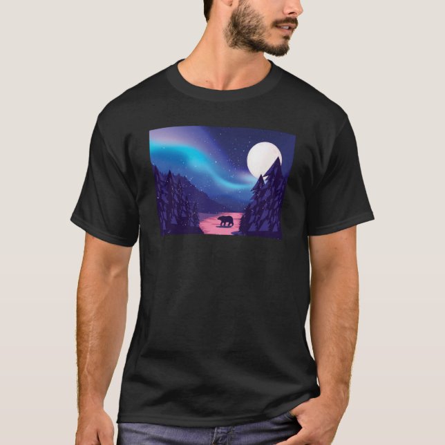 Camiseta Snow Scene Polar Bear Silhouette w Moon and Aurora (Frente)