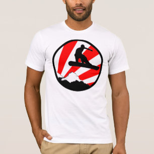 Camiseta snowboard. raios vermelhos. montanha