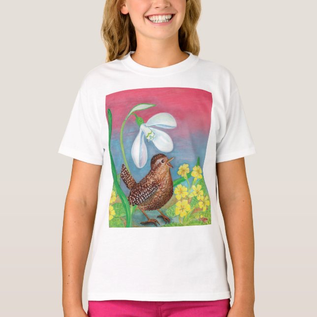 Camiseta Snowdrop & wren bird evoca o primavera Girls' (Frente)