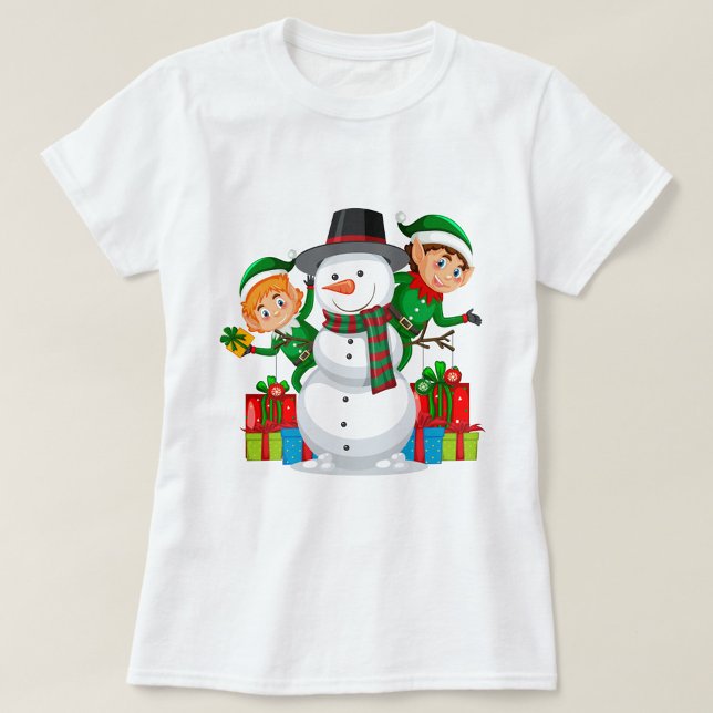 Camiseta Snowman (A white t-shirt with a cartoon image of a snowman with a black hat and a red and green scarf!)