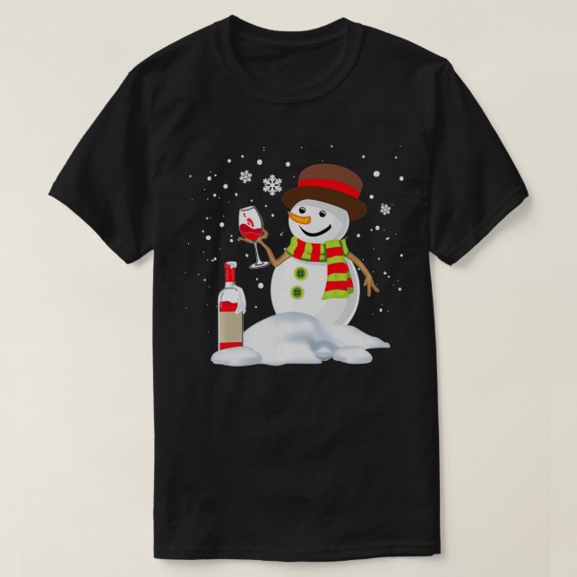 Camiseta Snowman Bebendo Red Wine Funny Partner Match C (Frente do Design)