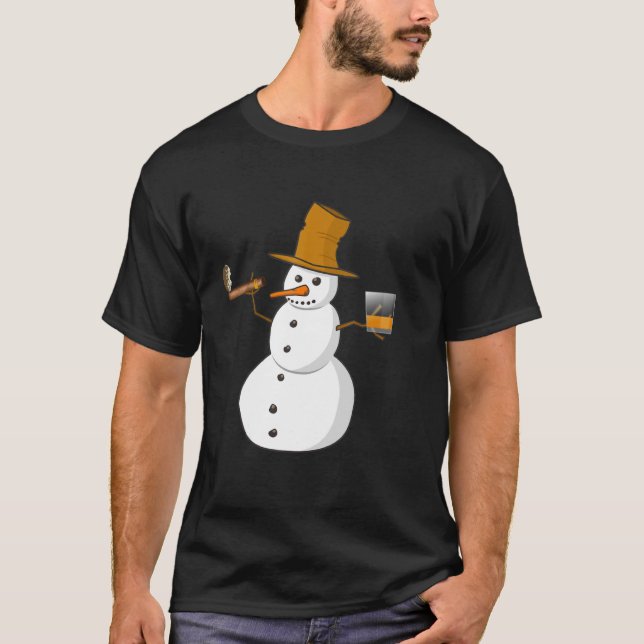 Camiseta Snowman Bebendo Whiskey E Fumar Um Cigarro (Frente)