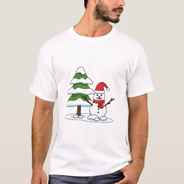 Camiseta Snowman com Snowy Pine Tree (Frente)