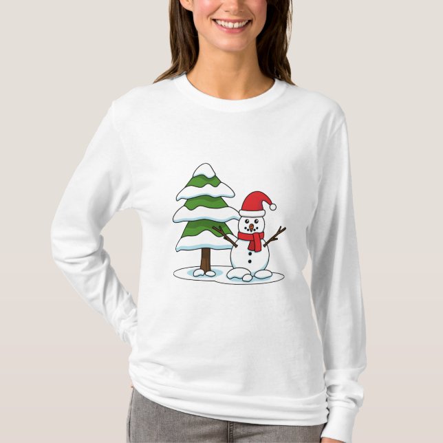 Camiseta Snowman com Snowy Pine Tree (Frente)