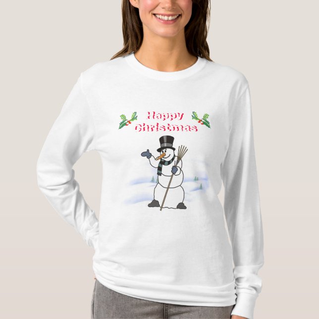 Camiseta Snowman de Natal com tophat e cachecol (Frente)