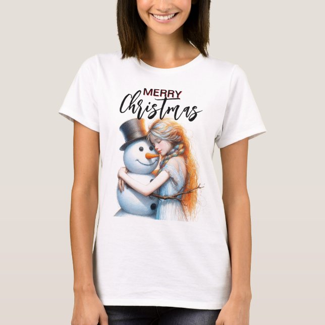 Camiseta Snowman De Natal E Uma Rapariga (Frente)