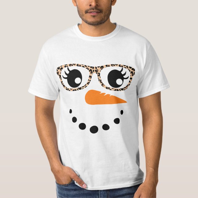 Camiseta Snowman Face Carrot Nose Eyelashes Leopard Glasses (Frente)