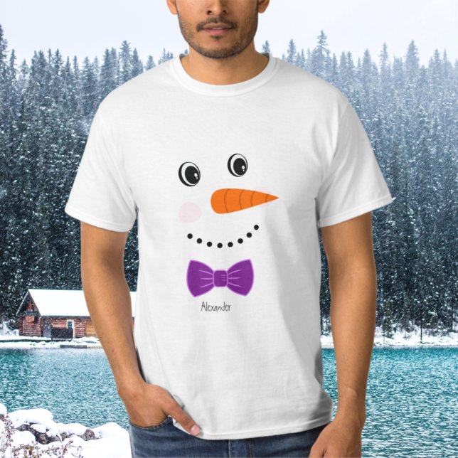 Camiseta Snowman Face Purple Bowtie adiciona nome (Criador carregado)