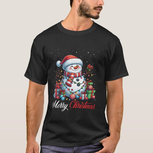 Camiseta Snowman Feliz Natal Luz Santa Hat Neve (Frente)