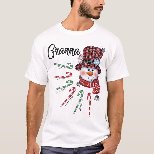 Camiseta Snowman Granna Candy Cane Xadrez Vermelha Natal (Frente)