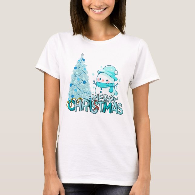Camiseta Snowman Merry Christmas Xmas Tree Snow T-Shirt (Frente)