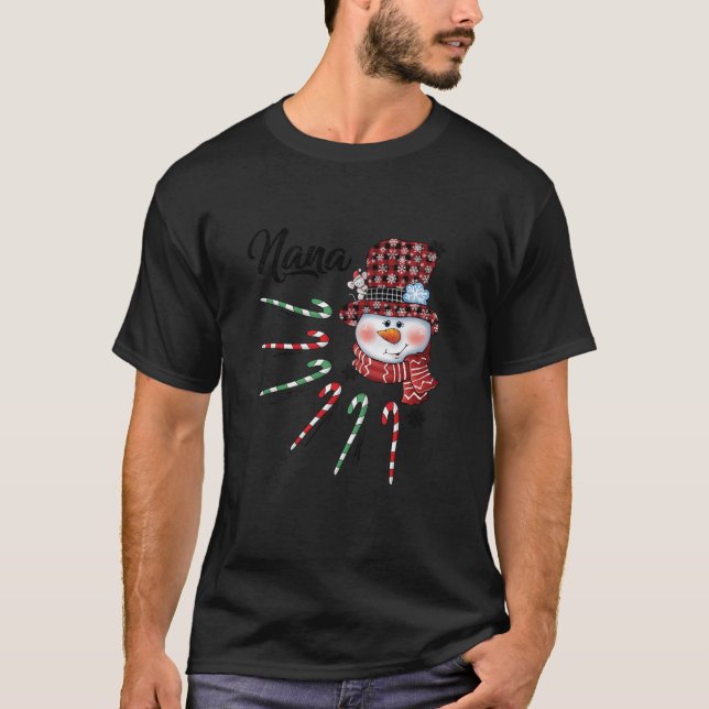 Camiseta Snowman Nana Candy Cane Red Xadrez presentes de Na (Frente)