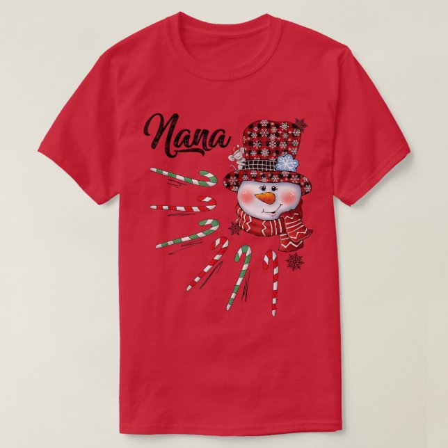 Camiseta Snowman Nana Candy Cane Red Xadrez presentes de Na (Frente do Design)