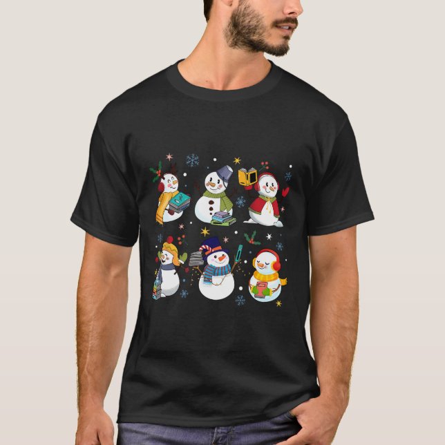 Camiseta Snowman Reading Books Professora Bibliotecária de  (Frente)