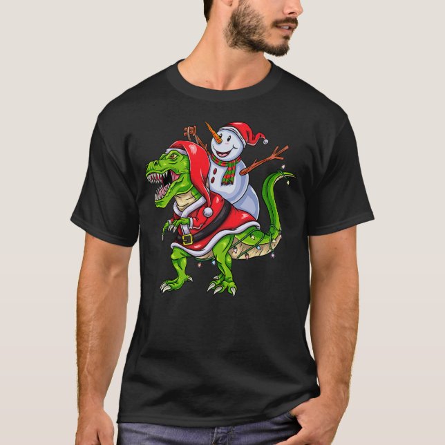 Camiseta Snowman Riding Christmas Dinosaur (Frente)