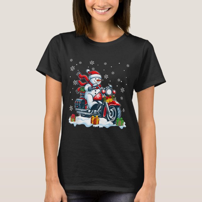 Camiseta Snowman Riding Motorcycle Christmas Biker Funny Te (Frente)