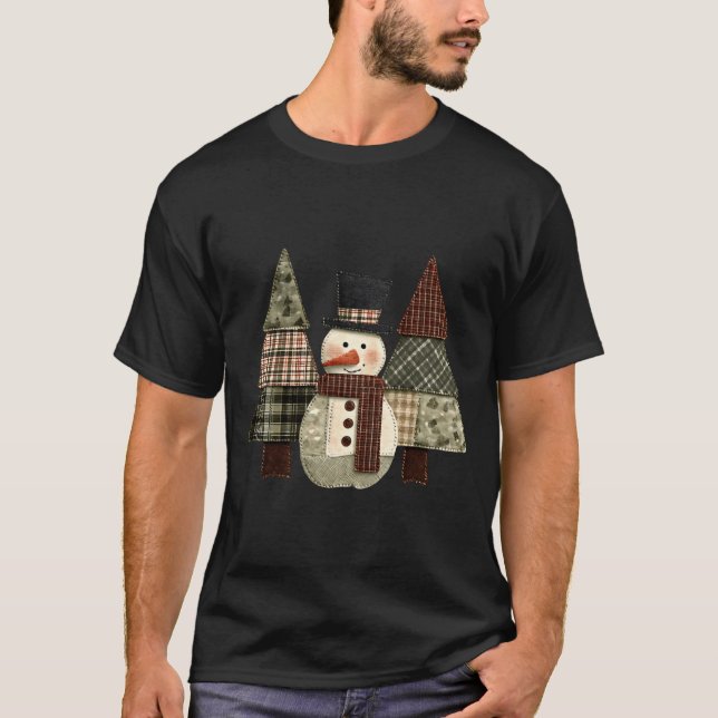 Camiseta Snowman Trees Patchwork Plaid Trees Rustic Christm (Frente)