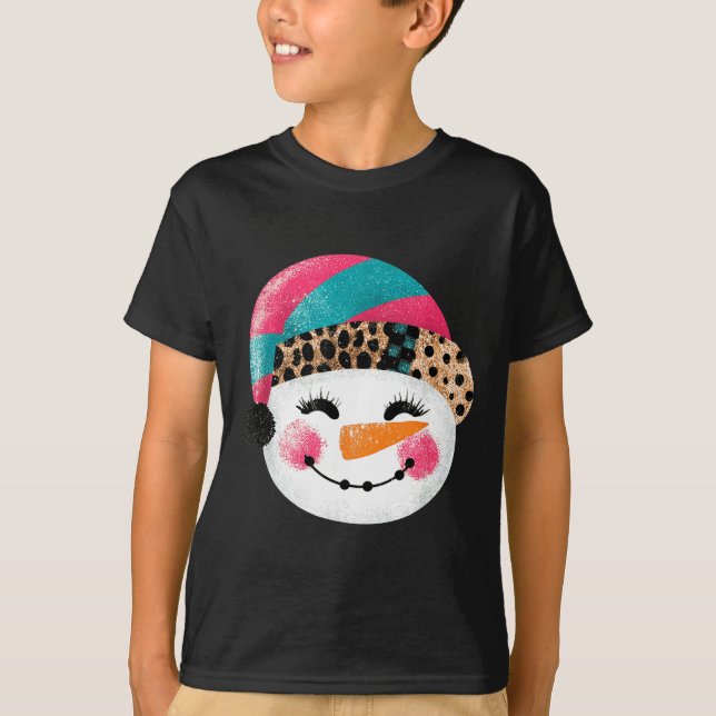 Camiseta Snowman With Santa Hat And Leopard Pattern  (Frente)