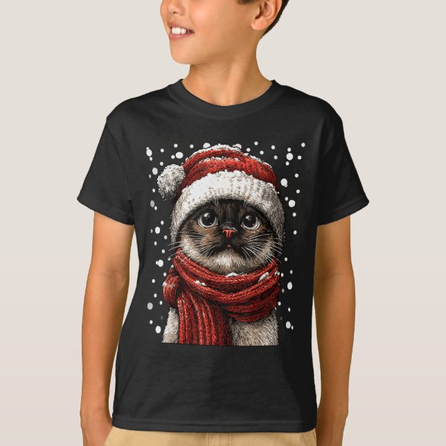 Camiseta Snowy Siamese Cat With Snow Santa Hat Winter Chris (Frente)