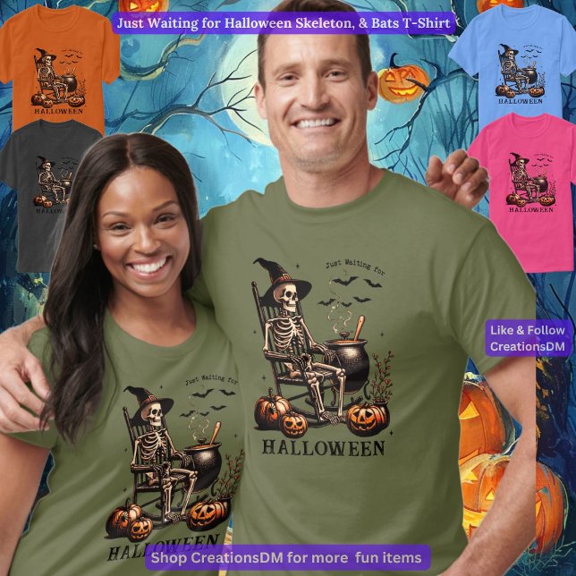 Camiseta Só esperando pelo esqueleto e morcegos do Hallowee (Criador carregado)