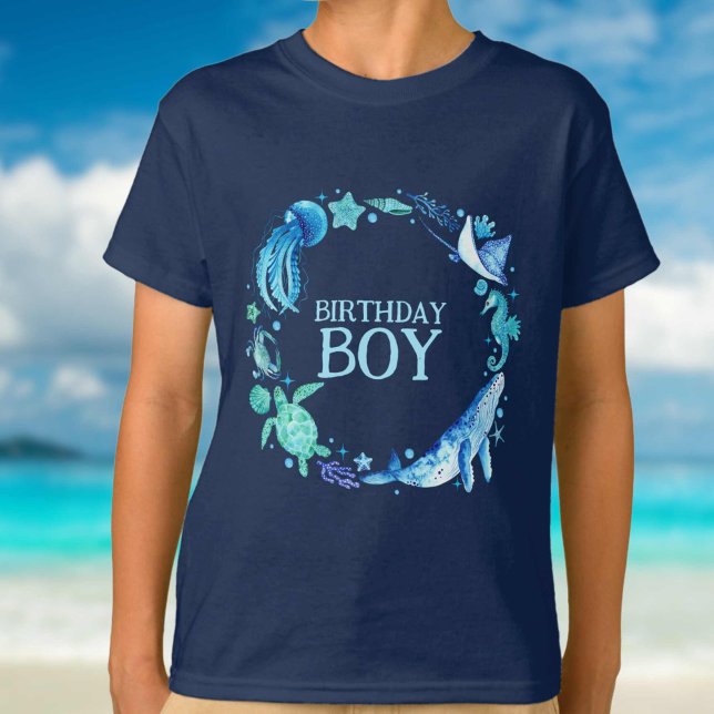 Camiseta Sob o Mar Aniversário do Menino do Mar Oceano de A (Under the Sea Birthday Boy Watercolor Ocean T-Shirt)