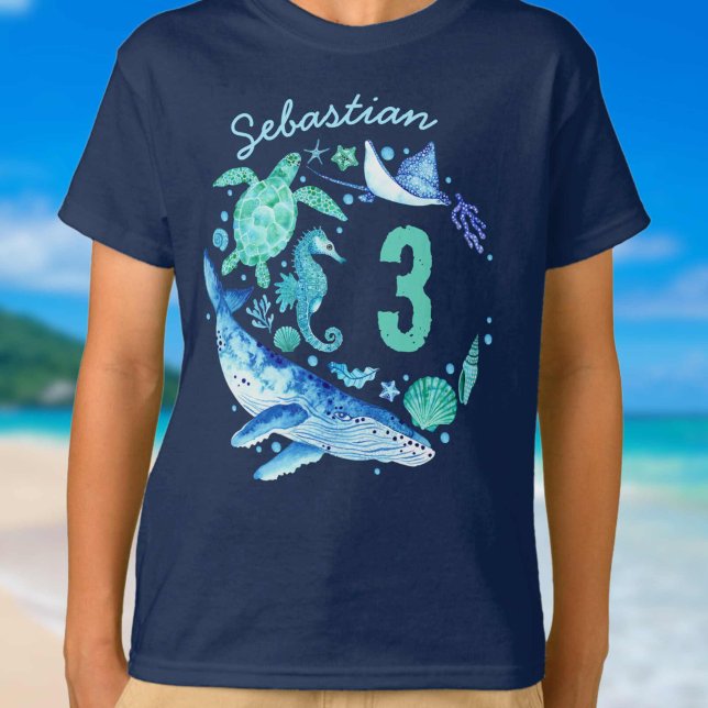 Camiseta Sob o Mar Aniversário Garoto Aquarela Oceânica Ani (Under the Sea Birthday Boy Watercolor Ocean Animal T-Shirt)