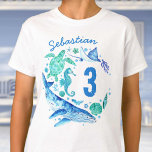 Camiseta Sob o Mar de Birthday Boy Watercolor Whale<br><div class="desc">Um design para uma comemoração submarina para o seu aniversariante com criaturas pintadas manualmente de aquarelas como baleia,  tartarugas,  medusa e cavalos marinhos! Você pode personalizar o nome e a idade. Consulte a coleção de partes correspondentes.</div>