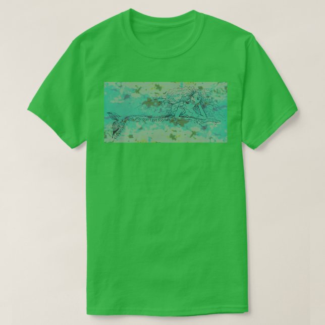 Camiseta Sob o Mar, Sereia Blinhando Escalas Verdes (Frente do Design)