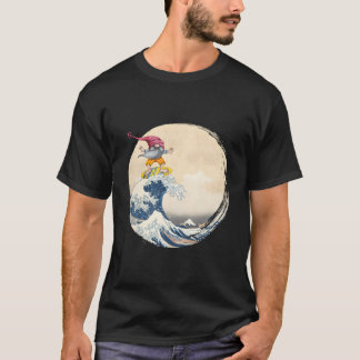 Camiseta Sobre Gnome de Surfe Montando Grande Onda Fora de
