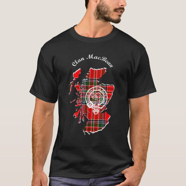 Camiseta Sobrenome de sobrenome Clan MacBean Mapa de Tartan (Frente)