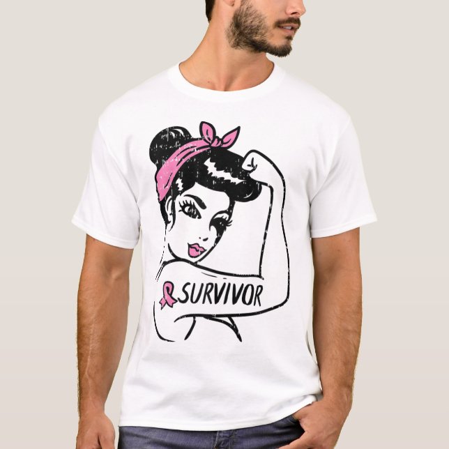 Camiseta Sobrevivente de câncer Rosie Riveter Sensibilizaçã (Frente)