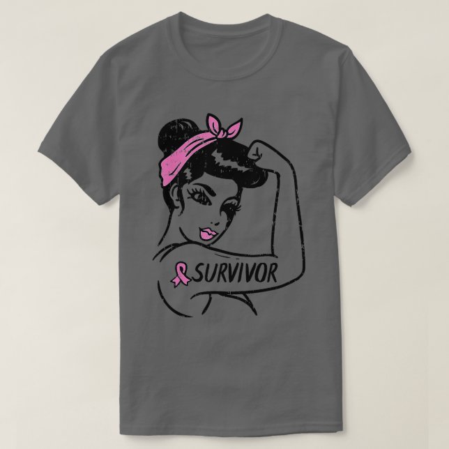 Camiseta Sobrevivente do Câncer da Mama Rosie Riveter Friso (Frente do Design)