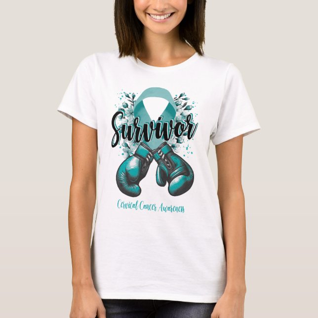 Camiseta Sobrevivente do guerreiro Cancer Cervical Blossom (Frente)
