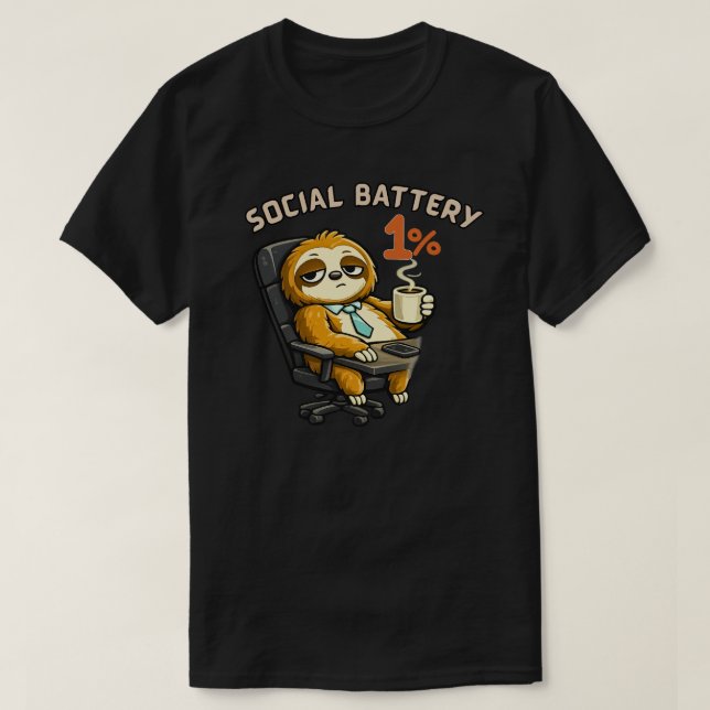 Camiseta Social Battery 1% Cute Sloth Shirt Funny Introvert (Frente do Design)