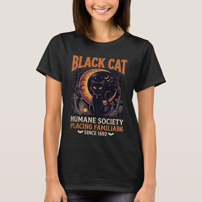 Camiseta Sociedade Humana Black Cat Halloween Crescente Lua (Frente)