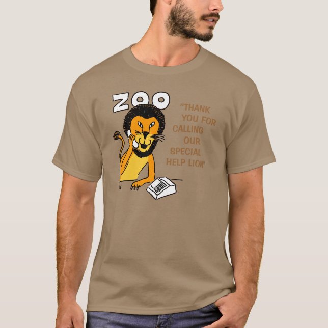 Camiseta Socorro-Leão Engraçado num Cartoon Zoológico. Help (Frente)