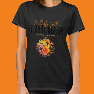 Camiseta Sofisticado Design Floral Flores Laranja Preta