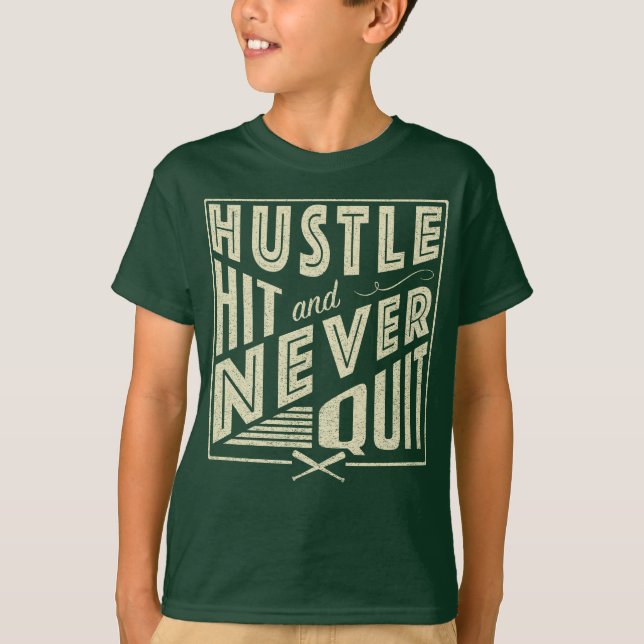 Camiseta Softball Baseball Hustle Hit & Nunca Sair (Frente)