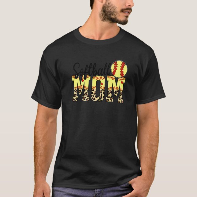 Camiseta Softball E Mãe Coração Vermelha Com Leopardo Para  (Frente)