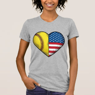 Camiseta Softbol Bandeira EUA Coração Design Vector Vintage
