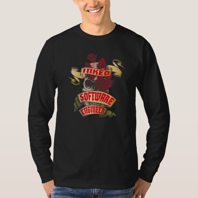 Camiseta Software Engineer Inked Skull & Red Roses Tattoo (Frente)