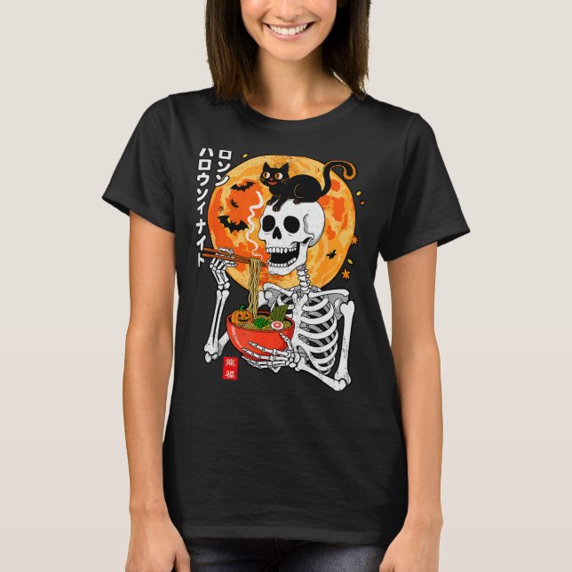 Camiseta Soky Skeleton Eating Ramen Bowl With Cat Halloween (Frente)