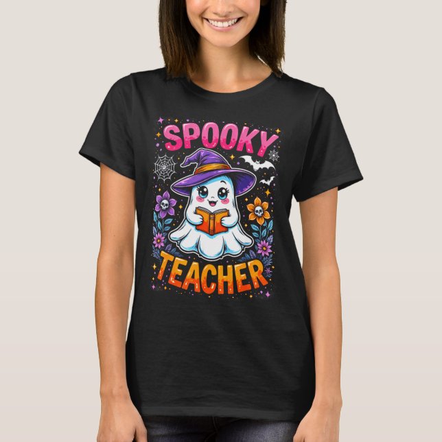 Camiseta Soky Teacher Cute Ghost Reading Book Funny Hallo  (Frente)