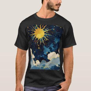 Camiseta Sol Celeste Moderno Estrelas e Nuvens Azuis