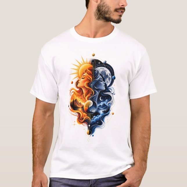 Camiseta Sol Lua – Design de Equilíbrio Cósmico Celestial (Frente)