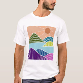 Camiseta Sol sobre um rio e paisagem montanhosa