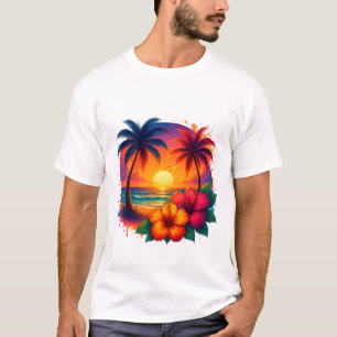 Camiseta Sol tropical com Palmeiras e Hibiscus