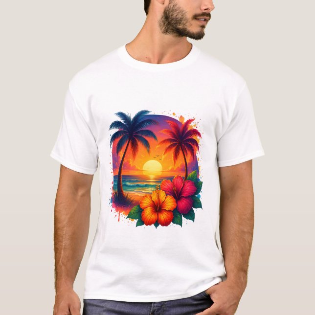 Camiseta Sol tropical com Palmeiras e Hibiscus (Frente)